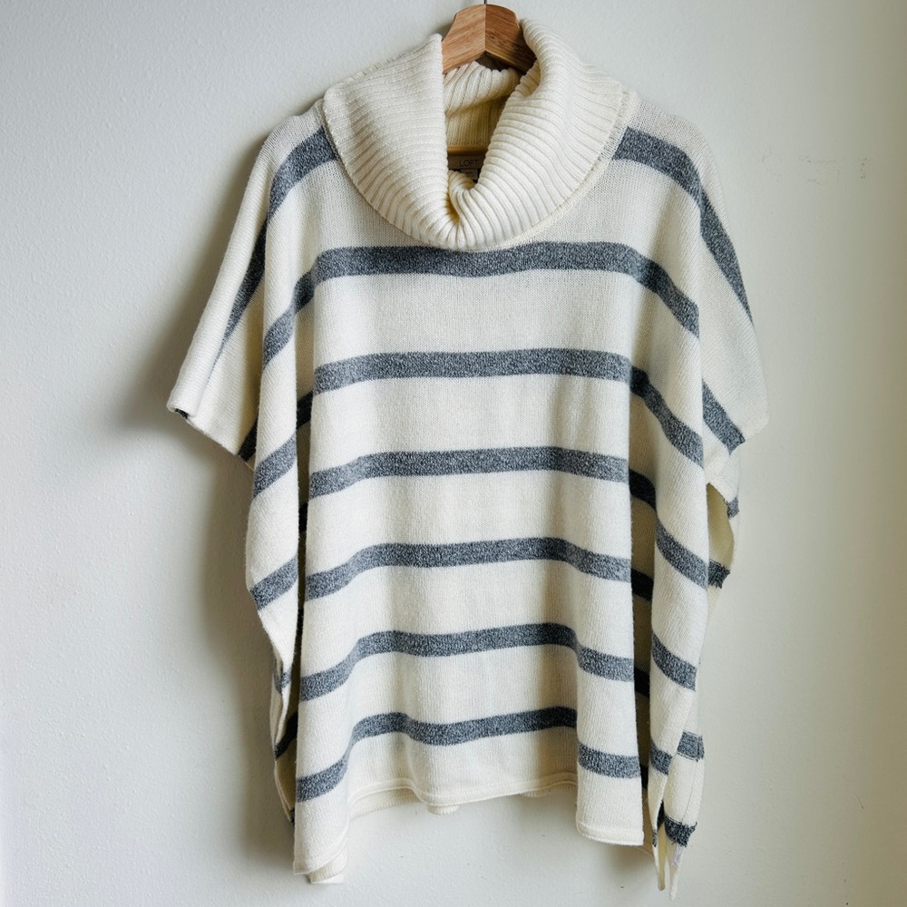 LOFT Cream and Gray Striped Poncho Sweater